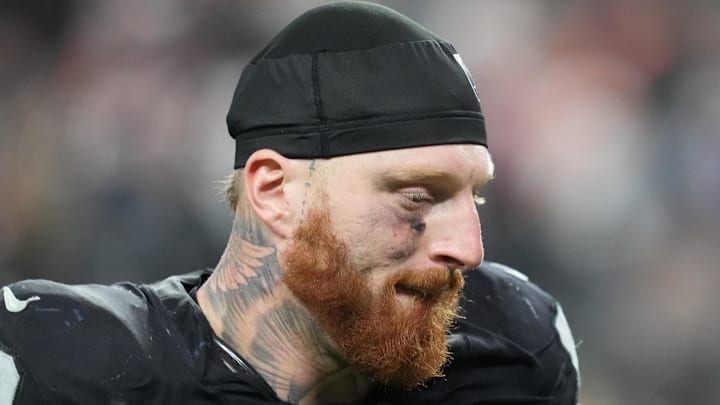 Dec 7, 2025; Paradise, Nevada, USA;  Las Vegas Raiders defensive end Maxx Crosby (98) leaves the field following a game against the Denver Broncos at Allegiant Stadium. Mandatory Credit: Stephen R. Sylvanie-Imagn Images
