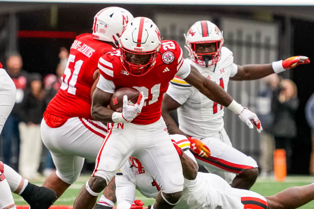 Nebraska Cornhuskers running back Emmett Johnson runs against the Maryland Terrapins in 2023