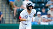 Columbus Clippers infielder C.J. Kayfus (12) runs to first base during the game against the Buffalo Bisons at Huntington Park on Tuesday, July 22, 2025 in Columbus, Ohio.