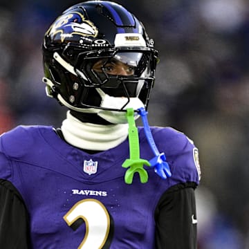Jan 4, 2025; Baltimore, Maryland, USA; Baltimore Ravens cornerback Nate Wiggins (2) looks towards the sidelines during the first quarter against the Cleveland Browns  at M&T Bank Stadium. Mandatory Credit: Tommy Gilligan-Imagn Images
