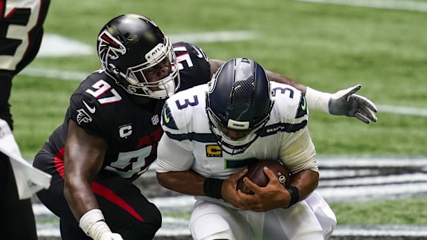 Grady Jarrett sacks Russell Wilson. Jarrett has 36 1/2 sacks and 77 tackles for loss. Grady Jarrett sacks Russell Wilson. Jarrett has 36 1/2 sacks and 77 tackles for loss.