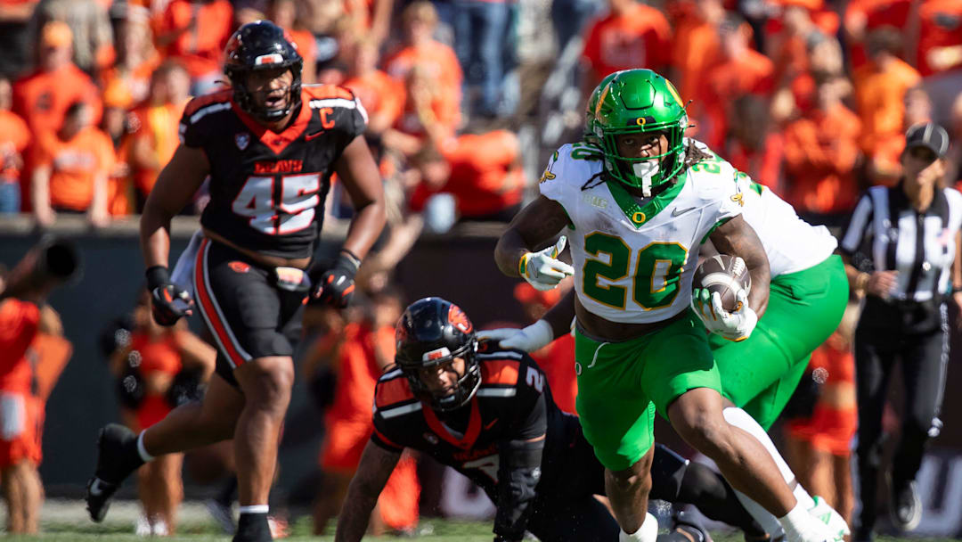 Oregon running back Jordan James carries the ball as the Oregon State Beavers host the Oregon Ducks Saturday, Sept. 14, 2024 at Reser Stadium in Corvallis, Ore.