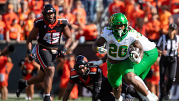Oregon running back Jordan James carries the ball as the Oregon State Beavers host the Oregon Ducks Saturday, Sept. 14, 2024 at Reser Stadium in Corvallis, Ore.