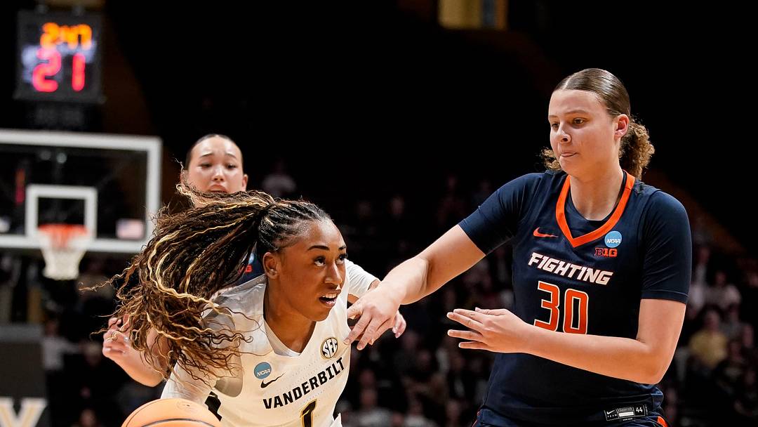 Vanderbilt guard Mikayla Blakes (1) pushes past Illinois forward Cearah Parchment (30) during the first half of a second round NCAA college basketball tournament game at Memorial Gym in Nashville, Tenn., Monday, March 23, 2026.