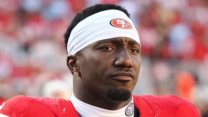 Oct 6, 2024; Santa Clara, California, USA; San Francisco 49ers wide receiver Deebo Samuel Sr (1) after the game against the Arizona Cardinals at Levi's Stadium. Mandatory Credit: Kelley L Cox-Imagn Images
