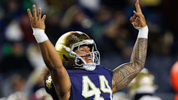 Notre Dame defensive lineman Junior Tuihalamaka (44) celebrates getting a stop during a NCAA college football game against Florida State at Notre Dame Stadium on Saturday, Nov. 9, 2024, in South Bend.
