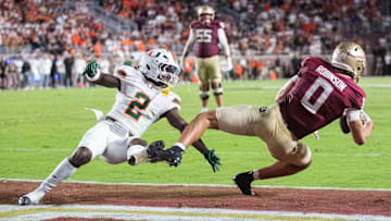 Florida State Seminoles wide receiver Duce Robinson (0) tries to catch the ball in the end zone. The Miami Hurricanes defeated the Florida State Seminoles 22-28 at Doak Campbell Stadium on Saturday, Oct. 4, 2025.