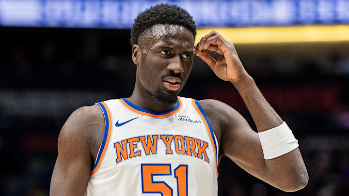 Dec 29, 2025; New Orleans, Louisiana, USA;  New York Knicks forward Mohamed Diawara (51) looks on against the New Orleans Pelicans during the first half at Smoothie King Center. Mandatory Credit: Stephen Lew-Imagn Images