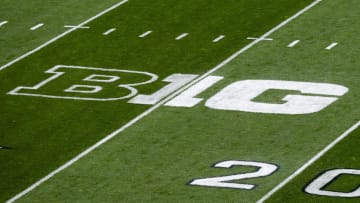 A detailed view of the Big Ten Conference logo on the field