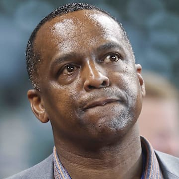 Apr 18, 2023; Houston, Texas, USA; Houston Astros general manager Dana Brown on the field before the game against the Toronto Blue Jays at Minute Maid Park