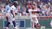 Minnesota Twins outfielder Byron Buxton (25) celebrates his triple against the Pittsburgh Pirates in the second inning at Target Field. 