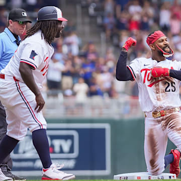 Minnesota Twins outfielder Byron Buxton (25) celebrates his triple against the Pittsburgh Pirates in the second inning at Target Field. 