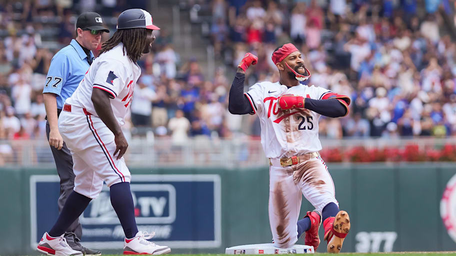 Minnesota Twins outfielder Byron Buxton (25) celebrates his triple against the Pittsburgh Pirates in the second inning at Target Field.  | Brad Rempel-Imagn Images