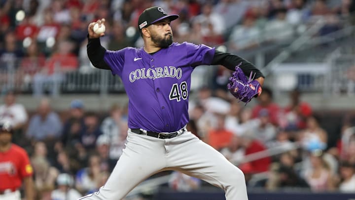 Jun 13, 2025; Cumberland, Georgia, USA; Colorado Rockies pitcher German Marquez (48) pitches the ball against the Atlanta Braves during the fifth inning at Truist Park.