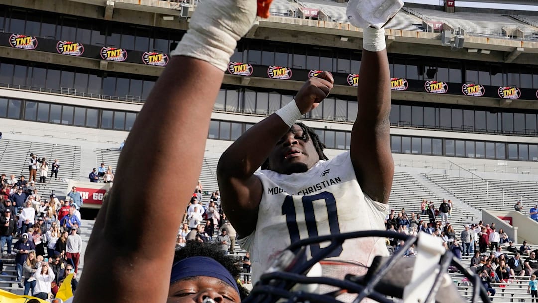 Mobile Christian's Floyd Boucard (10) celebrates during the final moments of the 3A AHSAA State Championship Game in Bryant-Denny Stadium Thursday, Dec. 7, 2023, in Tuscaloosa. Mobile Christian defeated Madison Academy 55-28.