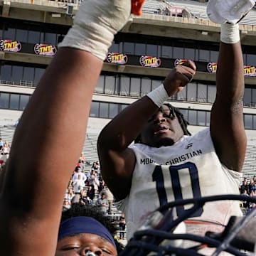 Mobile Christian's Floyd Boucard (10) celebrates during the final moments of the 3A AHSAA State Championship Game in Bryant-Denny Stadium Thursday, Dec. 7, 2023, in Tuscaloosa. Mobile Christian defeated Madison Academy 55-28.