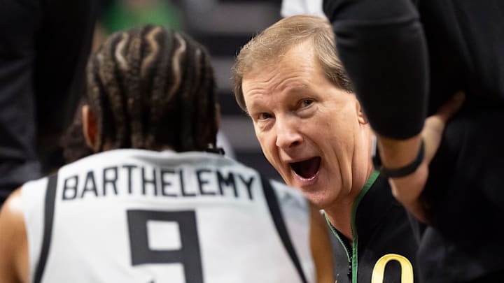 Oregon head coach Dana Altman talks to his team during a timeout as the Oregon Ducks host the Northwestern Wildcats Tuesday, Feb. 11, 2025, at Matthew Knight Arena in Eugene, Ore. Oregon head coach Dana Altman talks to his team during a timeout as the Oregon Ducks host the Northwestern Wildcats Tuesday, Feb. 11, 2025, at Matthew Knight Arena in Eugene, Ore.