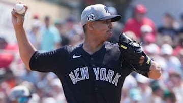 Mar 9, 2025; Jupiter, Florida, USA;  New York Yankees pitcher Carlos Carrasco (59) pitches in the first inning against the St. Louis Cardinals at Roger Dean Chevrolet Stadium. Mandatory Credit: Jim Rassol-Imagn Images
