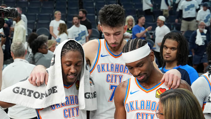 May 26, 2025; Minneapolis, Minnesota, USA; Oklahoma City Thunder forward Jalen Williams (8), forward Chet Holmgren (7) and guard Shai Gilgeous-Alexander (2) talk to the media after defeating the Minnesota Timberwolves in game four of the western conference finals for the 2025 NBA Playoffs at Target Center. Mandatory Credit: Jesse Johnson-Imagn Images May 26, 2025; Minneapolis, Minnesota, USA; Oklahoma City Thunder forward Jalen Williams (8), forward Chet Holmgren (7) and guard Shai Gilgeous-Alexander (2) talk to the media after defeating the Minnesota Timberwolves in game four of the western conference finals for the 2025 NBA Playoffs at Target Center. Mandatory Credit: Jesse Johnson-Imagn Images