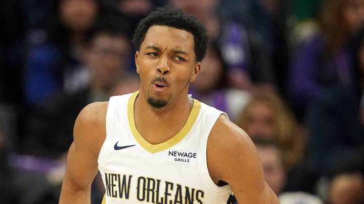 Apr 3, 2026; Sacramento, California, USA; New Orleans Pelicans forward Trey Murphy III (25) reacts after dunking against the Sacramento Kings during the third quarter at Golden 1 Center. Mandatory Credit: Darren Yamashita-Imagn Images