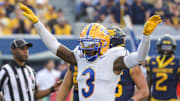 Sep 13, 2025; Morgantown, West Virginia, USA; Pittsburgh Panthers linebacker Rasheem Biles (3) celebrates a defensive stop during the third quarter against the West Virginia Mountaineers at Milan Puskar Stadium. Mandatory Credit: Ben Queen-Imagn Images