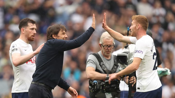 Tottenham Hotspur v Burnley - Premier League - Conte and Kulusevski embrace after 1-0 victory over Burnley, May 2022