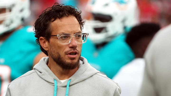 Aug 23, 2024; Tampa, Florida, USA;  Miami Dolphins head coach Mike McDaniel looks on against the Tampa Bay Buccaneers at Raymond James Stadium. Mandatory Credit: Kim Klement Neitzel-Imagn Images