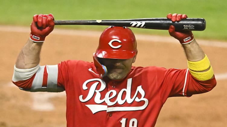 Sep 26, 2023; Cleveland, Ohio, USA; Cincinnati Reds designated hitter Joey Votto (19) reacts after