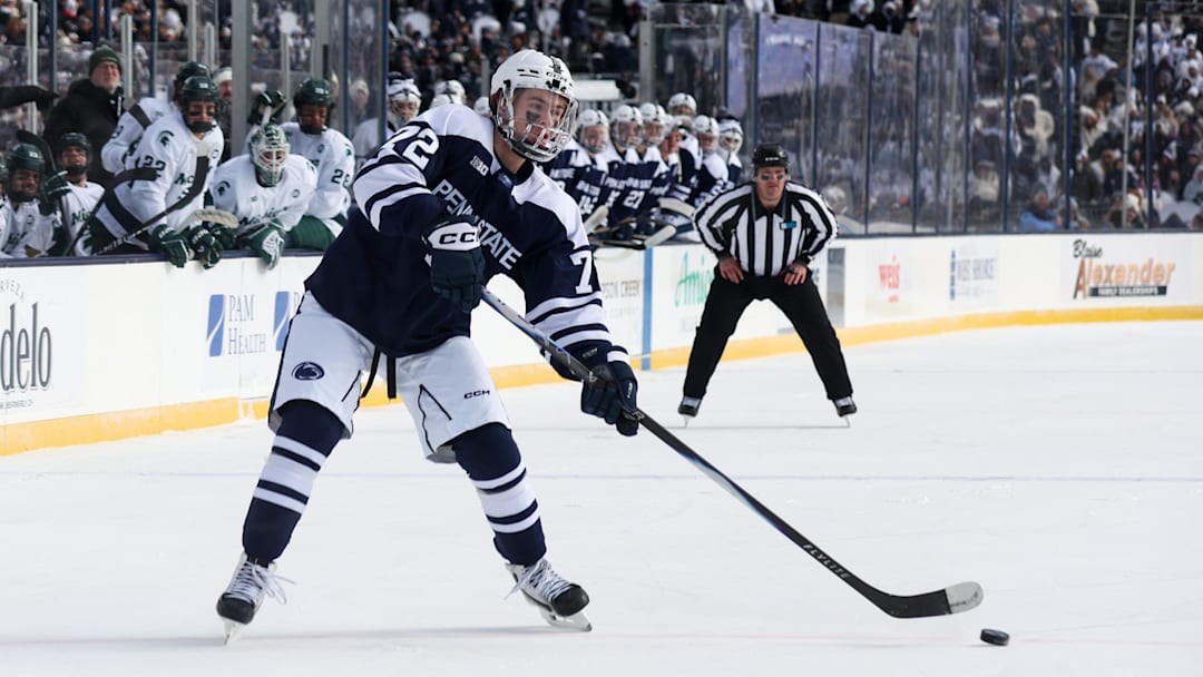 Jan 31, 2026; State College, PA, USA; Penn State Nittany Lions forward Gavin McKenna (72) looks to shoot the puck during the first period against the Michigan State Spartans at Beaver Stadium. Mandatory Credit: Matthew O'Haren-Imagn Images Jan 31, 2026; State College, PA, USA; Penn State Nittany Lions forward Gavin McKenna (72) looks to shoot the puck during the first period against the Michigan State Spartans at Beaver Stadium. Mandatory Credit: Matthew O'Haren-Imagn Images