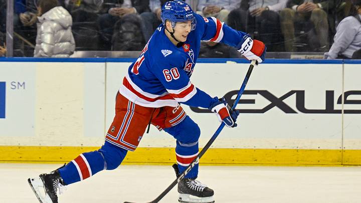 Jan 29, 2026; New York, New York, USA; New York Rangers defenseman Scott Morrow (60) attempts a shot against the New York Islanders during the first period at Madison Square Garden. Mandatory Credit: Dennis Schneidler-Imagn Images Jan 29, 2026; New York, New York, USA; New York Rangers defenseman Scott Morrow (60) attempts a shot against the New York Islanders during the first period at Madison Square Garden. Mandatory Credit: Dennis Schneidler-Imagn Images