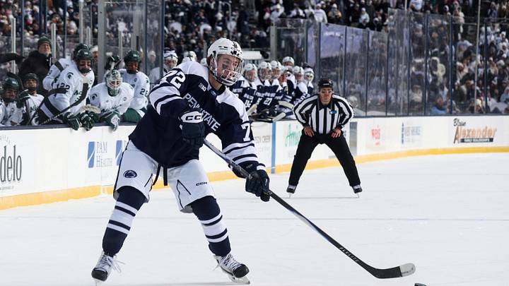 Jan 31, 2026; State College, PA, USA; Penn State Nittany Lions forward Gavin McKenna (72) looks to shoot the puck during the first period against the Michigan State Spartans at Beaver Stadium. Mandatory Credit: Matthew O'Haren-Imagn Images