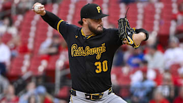 May 6, 2025; St. Louis, Missouri, USA;  Pittsburgh Pirates starting pitcher Paul Skenes (30) pitches against the St. Louis Cardinals during the second inning at Busch Stadium. Mandatory Credit: Jeff Curry-Imagn Images