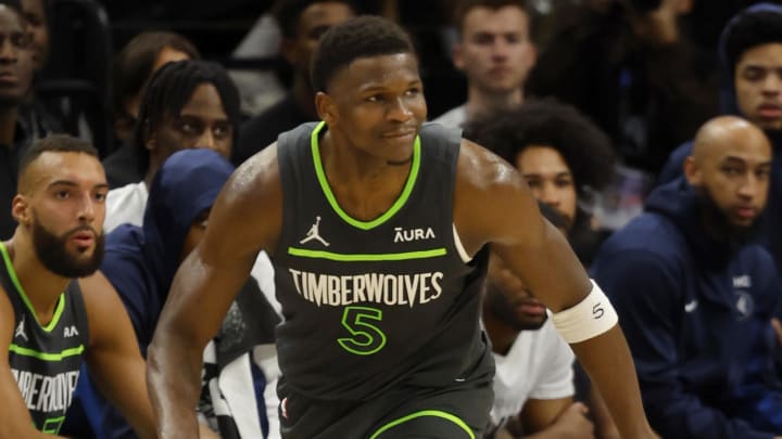 May 30, 2024; Minneapolis, Minnesota, USA; Minnesota Timberwolves guard Anthony Edwards (5) dribbles during the second quarter in game five of the western conference finals for the 2024 NBA playoffs against the Dallas Mavericks at Target Center. Mandatory Credit: Bruce Kluckhohn-USA TODAY Sports