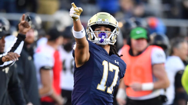 Nov 18, 2023; South Bend, Indiana, USA; Notre Dame Fighting Irish wide receiver Rico Flores Jr. (17) signals for a first down in the second quarter against the Wake Forest Demon Deacons at Notre Dame Stadium. Mandatory Credit: Matt Cashore-USA TODAY Sports