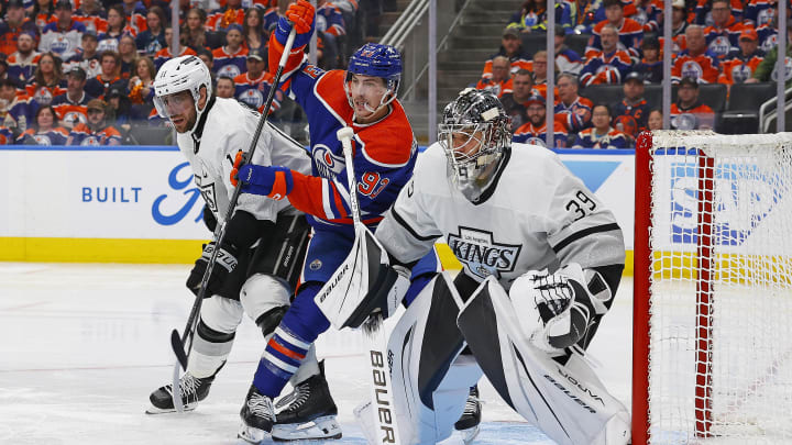 Apr 22, 2024; Edmonton, Alberta, CAN; Edmonton Oilers forward Ryan Nugent-Hopkins (93) battles with Los Angeles Kings forward Anze Kopitar (11) in front of goaltender Cam Talbot (39) during the third period in game one of the first round of the 2024 Stanley Cup Playoffs at Rogers Place. Mandatory Credit: Perry Nelson-USA TODAY Sports