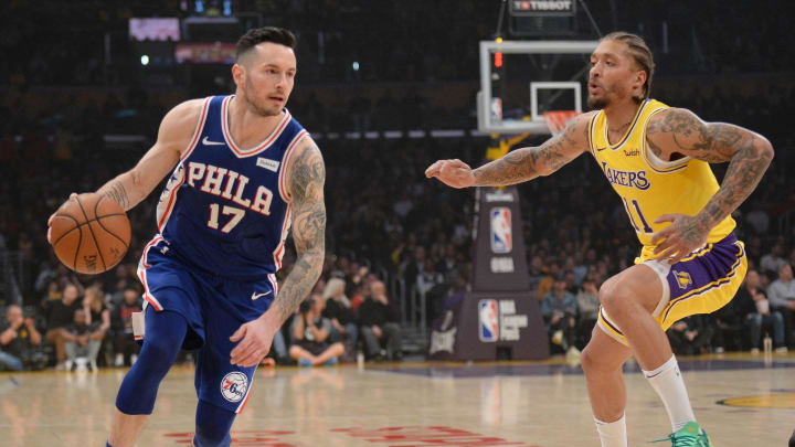 January 29, 2019; Los Angeles, CA, USA; Philadelphia 76ers guard JJ Redick (17) moves the ball against Los Angeles Lakers forward Michael Beasley (11) during the first half at Staples Center. Mandatory Credit: Gary A. Vasquez-USA TODAY Sports