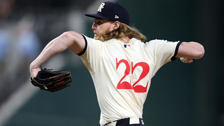Aug 30, 2024; Arlington, Texas, USA; Texas Rangers pitcher Jon Gray (22) throws a pitch against the Oakland Athletics in the third inning at Globe Life Field. Aug 30, 2024; Arlington, Texas, USA; Texas Rangers pitcher Jon Gray (22) throws a pitch against the Oakland Athletics in the third inning at Globe Life Field.