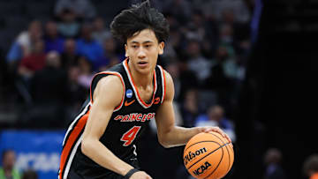 Mar 18, 2023; Sacramento, CA, USA; Princeton Tigers guard Xaivian Lee (4) dribbles the ball during the first half against the Princeton Tigers at Golden 1 Center. Mandatory Credit: Kelley L Cox-Imagn Images