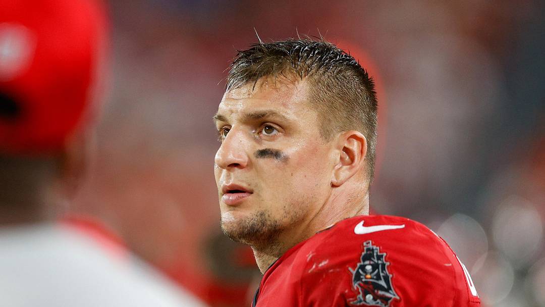 Dec 12, 2021; Tampa, Florida, USA;  Tampa Bay Buccaneers tight end Rob Gronkowski (87) looks on in the second half against the Buffalo Bills at Raymond James Stadium. Mandatory Credit: Nathan Ray Seebeck-Imagn Images