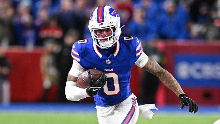 Nov 2, 2025; Orchard Park, New York, USA; Buffalo Bills wide receiver Keon Coleman (0) runs with the ball in the second half against the Kansas City Chiefs at Highmark Stadium. Mandatory Credit: Mark Konezny-Imagn Images