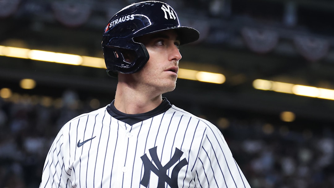 Oct 1, 2025; Bronx, New York, USA; New York Yankees left fielder Cody Bellinger (35) reacts after flying out during the third inning against the Boston Red Sox during game two of the Wildcard round for the 2025 MLB playoffs at Yankee Stadium. Mandatory Credit: Brad Penner-Imagn Images