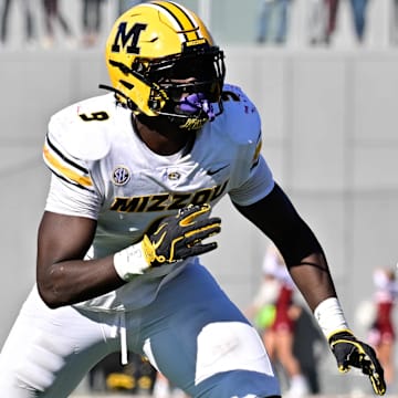 Oct 12, 2024; Amherst, Massachusetts, USA; Missouri Tigers defensive end Zion Young (9) in action against the Massachusetts Minutemen during the second half at Warren McGuirk Alumni Stadium. Mandatory Credit: Eric Canha-Imagn Images