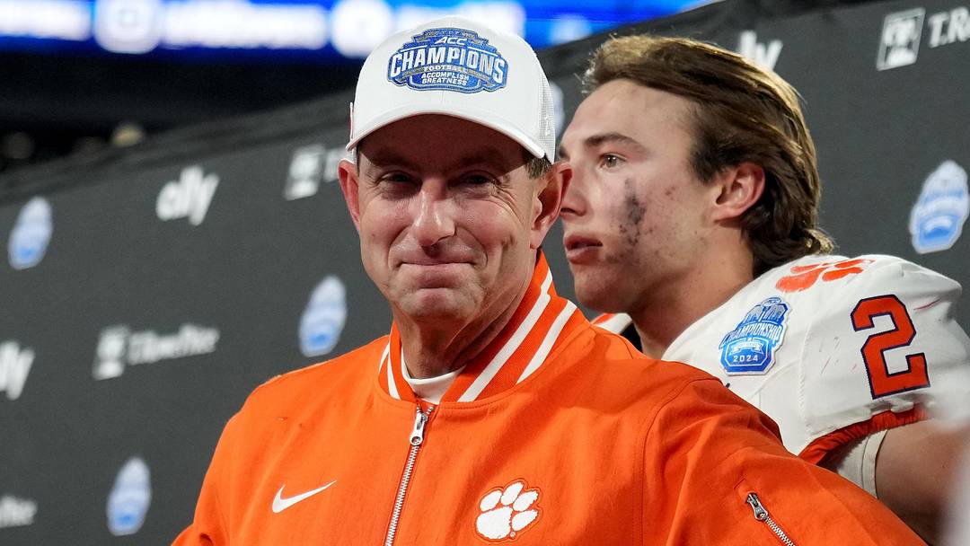 Dec 7, 2024; Charlotte, NC, USA; Clemson Tigers head coach Dabo Swinney celebrates after winning the 2024 ACC Championship game against the Southern Methodist Mustangs at Bank of America Stadium. Mandatory Credit: Jim Dedmon-Imagn Images
