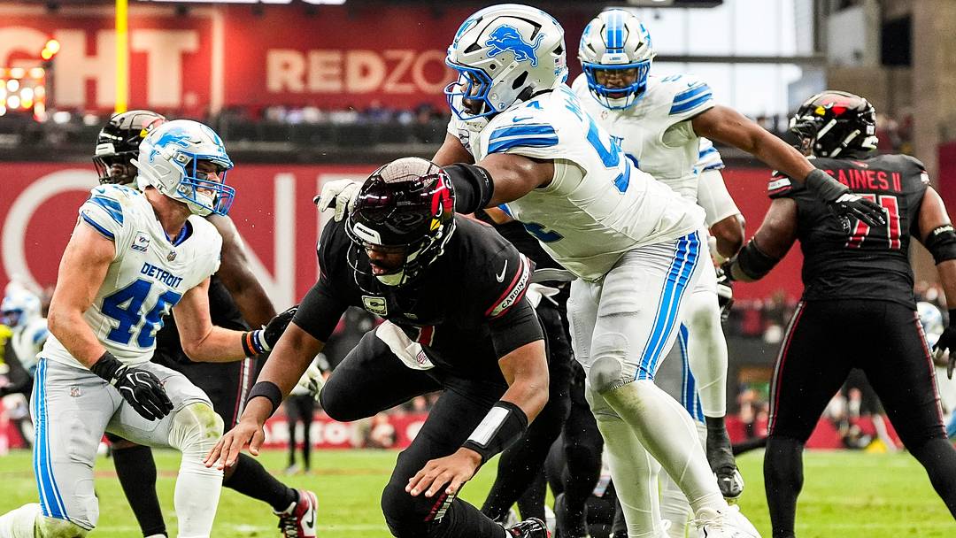 Detroit Lions defensive lineman Alim McNeill (54) tackles Arizona Cardinals quarterback Jacoby Brissett (7) during the first half at State Farm Stadium in Glendale, Arizona on Sunday, Oct. 11, 2026.