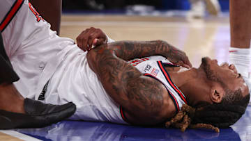 Jan 11, 2025; New York, New York, USA;  St. John's basketball guard Deivon Smith (5) at Madison Square Garden. 