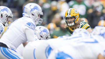 Dec 30, 2018; Green Bay, WI, USA; Green Bay Packers linebacker Clay Matthews (52) looks in on Detroit Lions quarterback Matthew Stafford (9) prior to a play during the first quarter at Lambeau Field. Mandatory Credit: Jeff Hanisch-Imagn Images