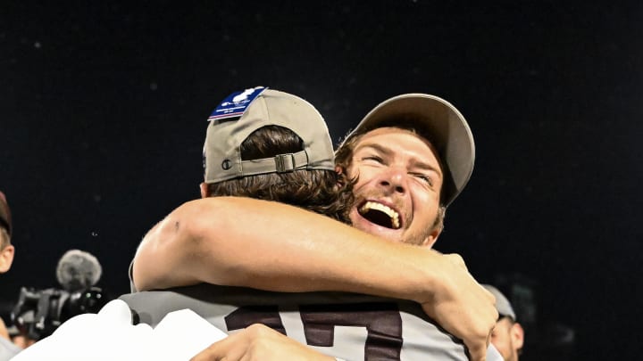 Jun 9, 2024; College Station, TX, USA; Texas A&M celebrates after sweeping Oregon in the Bryan-College Station Super Regional series at Olsen Field, Blue Bell Park Mandatory Credit: Maria Lysaker-USA TODAY Sports