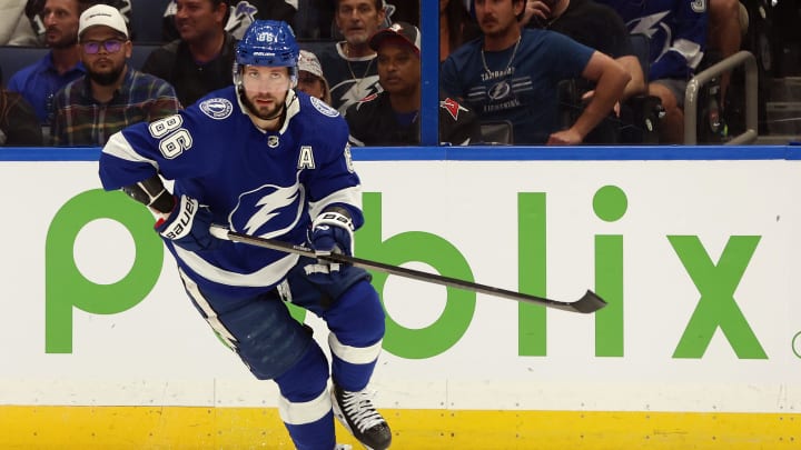 Apr 15, 2024; Tampa, Florida, USA;  Tampa Bay Lightning right wing Nikita Kucherov (86) skates against the Buffalo Sabres during the first period at Amalie Arena. Mandatory Credit: Kim Klement Neitzel-USA TODAY Sports