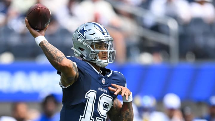 Aug 11, 2024; Inglewood, California, USA; Dallas Cowboys quarterback Trey Lance (19) throws a pass against the Los Angeles Rams during the second quarter at SoFi Stadium. Mandatory Credit: Jonathan Hui-USA TODAY Sports