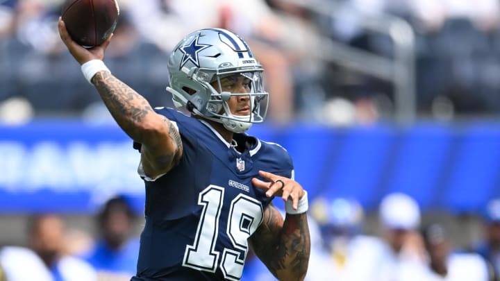 Aug 11, 2024; Inglewood, California, USA; Dallas Cowboys quarterback Trey Lance (19) throws a pass against the Los Angeles Rams during the second quarter at SoFi Stadium. 